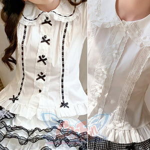 Side-by-side comparison of white-black and white Lolita blouse variants, showing contrasting lace trim and bow details.
