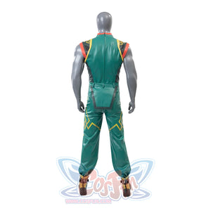 This picture shows the back view of a mannequin in a Sword Master Iron Fist cosplay costume, showcasing the green jumpsuit with yellow patterns and brown boots.