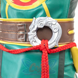 Displays the detail of the belt buckle with a silver, ornate design and red rope from the Sword Master Iron Fist cosplay costume.