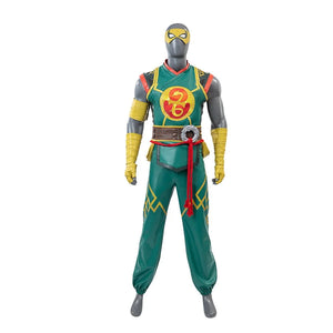 Presents the full front view of the Sword Master Iron Fist cosplay costume, showcasing the green vest with a yellow and red emblem, yellow wrist guards, and a belt.