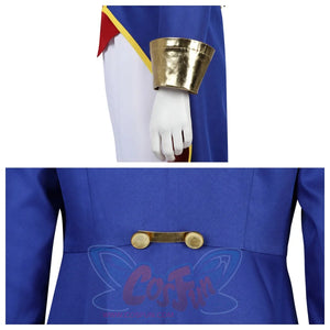 Close - up of the gold - trimmed cuff and back button of the blue coat from the Swordfighter Peach cosplay costume.