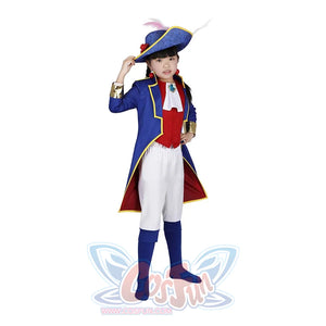 A child wearing the Swordfighter Peach cosplay costume, posing stylishly with one hand on the hat and the other on the hip, showcasing the full outfit.