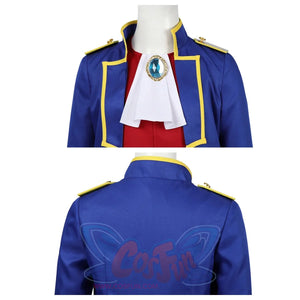 Close - up of the blue coat from the Swordfighter Peach cosplay costume, showcasing gold trim, white accents, and a decorative gem.