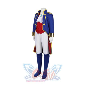 An angled view of the Swordfighter Peach cosplay costume on a mannequin, highlighting the blue coat, gold trim, red vest, and white pants.