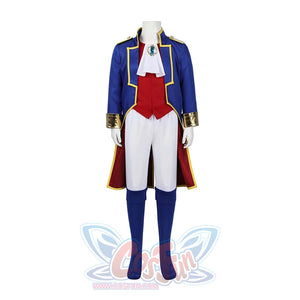 The Swordfighter Peach cosplay costume displayed on a mannequin, featuring a blue coat with gold trim, red vest, white accents, and blue leg coverings.