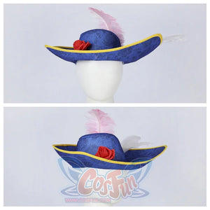 Two views of the blue hat from the Swordfighter Peach cosplay costume, featuring a red rose, pink feather, and white feather.