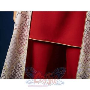 Princess Leia cosplay costume embroidered cloak borders with geometric patterns framing red gown