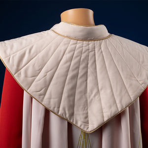 Princess Leia cosplay costume back view showing white quilted cloak with golden braided trim detail