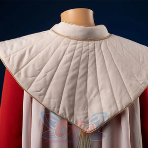 Princess Leia cosplay costume back view showing white quilted cloak with golden braided trim detail