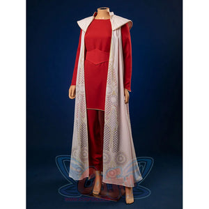 Front view of Princess Leia cosplay costume showing red gown with white embroidered cloak draping