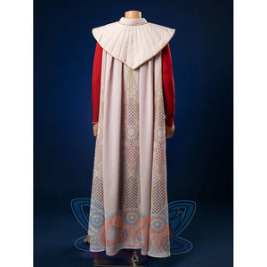 Princess Leia cosplay costume rear view featuring flowing cloak with intricate circular patterns