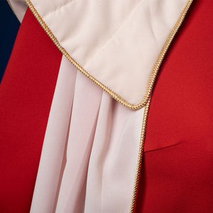 Princess Leia cosplay costume close-up of white cloak draping with golden braided trim detail