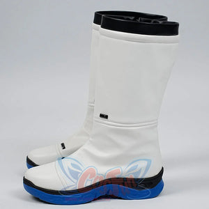White boots with blue soles on a gray background
