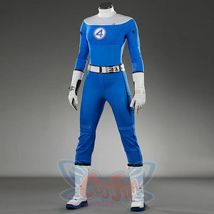 Blue and white superhero costume on a gray background