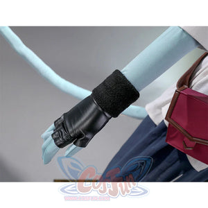 Blue gloves with black cuffs detail from Jester Lavorre cosplay costume