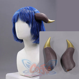 Blue wig and purple horns accessories for Jester Lavorre cosplay costume