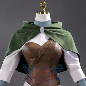 Upper body detail of Jester Lavorre cosplay costume with brown corset and green cape