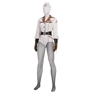 The Boys Vought Rising Private Angel Cosplay Costume, white jumpsuit with black fishnet stockings and brown gloves.