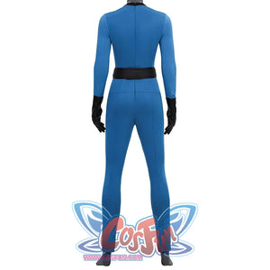 The Fantastic Four Invisible Woman Susan Storm Cosplay Costume with blue color, black collar, the sleeves are knitted striped fabric, black belt, black PU gloves, used Invisible zipper.