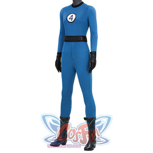 The Fantastic Four: First Steps Invisible Woman Susan Cosplay Costume' left view. the overall dress is blue. black collar, black belt, black PU gloves. navy “4” on a white background on the chest.
