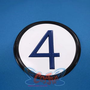 The Fantastic Four: First Steps Invisible Woman Susan Storm Cosplay costume, navy “4” on black border with white background on the chest.