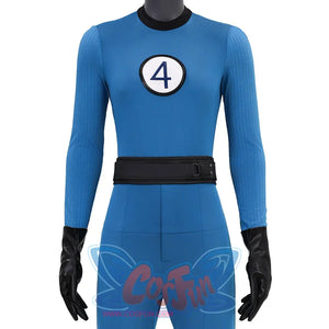 The Fantastic Four Invisible Woman Susan Storm Cosplay Costume,blue jumpsuit is fits to the body,the sleeves are knitted striped fabric, navy“4” on a white background on the chest is clear. black belt, black PU gloves.