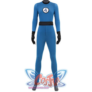 The Fantastic Four: First Steps Invisible Woman Susan Storm Cosplay Costume'whole view, with blue color and black collar,the sleeves are knitted striped fabric, black belt,black PU gloves. navy “4” on a white background on the chest