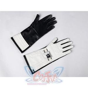 A close-up of the black and white glove of the Reed Richards cosplay costume, showing the texture and design.