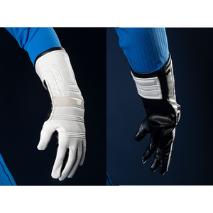 A close-up of the black and white glove of the Reed Richards cosplay costume, showing the texture and design.