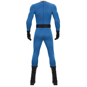 The Fantastic Four :First Steps Mr.Fantastic Human Torch The Thing Cosplay Costume' back view with blue color, One-piece design, with black collar, black belt, black PU gloves,used Invisible zipper.
