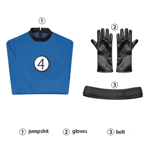 The Fantastic Four :First Steps Mr.Fantastic Human Torch The Thing Cosplay Costume set, blue jumpsuit with navy “4” on black border with white background on the chest., a pair of PU gloves, a belt.