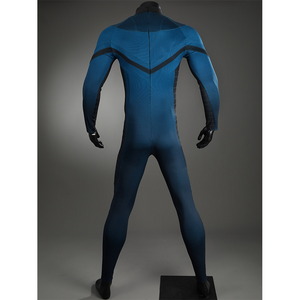 The Fantastic Four cosplay suit full back view showing blue bodysuit with black details and gloves
