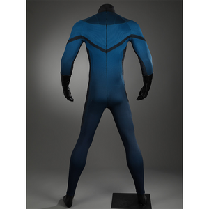 The Fantastic Four cosplay suit jumpsuit rear view with detailed back design and blue fabric