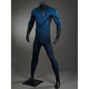 The Fantastic Four cosplay suit left side view showing blue bodysuit with black gloves and design