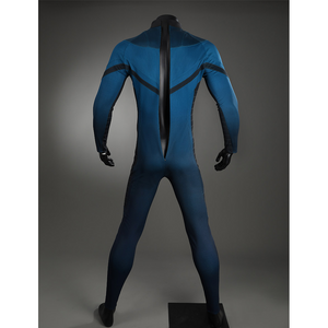 The Fantastic Four cosplay suit back zipper detail showing blue and black design full length view