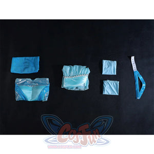 Complete Aisha cosplay costume set showing all included pieces: top, shorts, skirt, and accessories