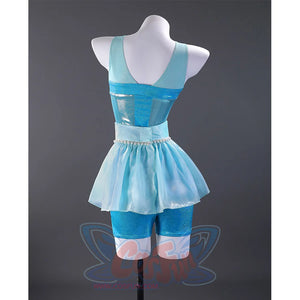 Back view of Aisha cosplay costume showing ballet skirt, blue top and shorts with white accents