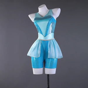 Blue and white Aisha cosplay costume ballet dress with shorts, front view on mannequin
