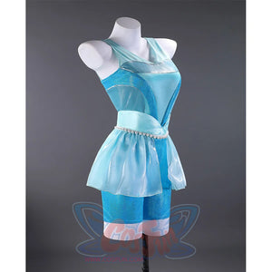 Side view of Aisha cosplay costume ballet dress displaying blue and white design with shimmer details