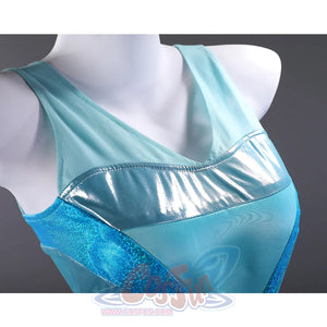 Close-up detail of Aisha cosplay costume top showing blue shimmer fabric and halter straps