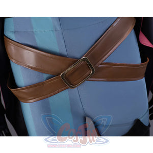 Mollymauk cosplay costume brown leather belt detail with metal buckle over blue pants