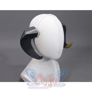 Mollymauk cosplay costume headdress with grey horns featuring gold tips on white mannequin