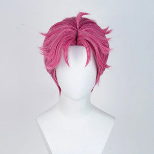 The Saja Boys Abby Cosplay wig, bright pink short wig, middle-parted hairstyle, there is a tuft of hair on the top of the head