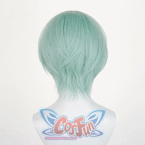 The Saja Boys Baby Cosplay wig, light green short wig, it is smooth and has a certain glossy feel, back view