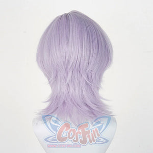 The Saja Boys Mystery Cosplay grey and purple short wig showing a sense of layering