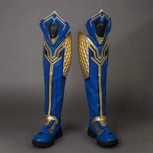 Thor: Love and Thunder Cosplay boots are mainly in blue and gold colors, with complex geometric patterns, the sides of the boots are made of scaly golden armor, the top of the boots is designed with a sharp shape, like a sharp angle with armor protection.