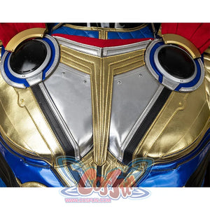 Thor: Love and Thunder Cosplay costume 's chest color is mainly gold and blue, there are a lot of circular and line decorations.