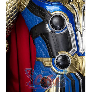 Thor: Love and Thunder Cosplay costume 's waist colors are mainly blue, black, gold, sliver, and use a lot of circular and line as decorations.