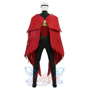 Tim cosplay costume back view with red wings folded showing gold clasp and black pants