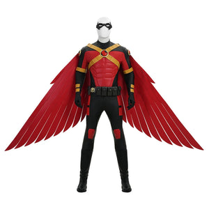 Tim cosplay costume full front view featuring red and black suit with large red wings and gold accents